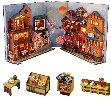 Cuteefun DIY Book Nook Kit, mit LED und Werkzeug -Kirschblüten Gasse | DIY Miniatur Puppenhaus Bausatz mit Möbeln, Modellbausätze für Erwachsene zum Bauen, Bauen Sie Ihr eigenes Bastelhaus Modell