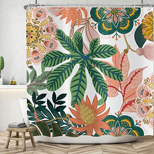 Duschvorhang Boho Blumen 180x200 cm, ASDCXZ Abstrakt Grün Tropischer Pflanzen Rosa Blumen Waschbar Bad Duschvorhänge Polyester Textil Wasserdicht Duschvorhang für Badewanne mit 12 Duschvorhang Hake