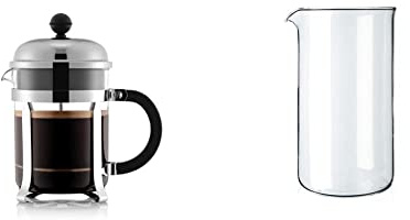 Bodum - 1924-16 - CHAMBORD - Cafetière à Piston - 4 Tasses - 0.5 L & 1508-10 Remplacement de la presse Française Gobelet en Verre de 8 Tasses, Transparent, 1 L - 9,6 cm de Diamètre, H 18 cm