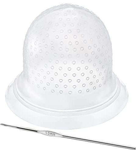 FRIUSATE Hair Coloring Highlighting Cap, 2 Pieces Silicone Highlight Cap Pull Through Caps Hair Coloring Frosting Cap with Hook, Hair Highlighting Kit Gloves and Brush for Salon Tools Women Men