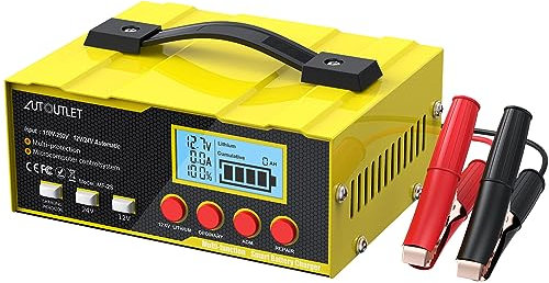 AUTOUTLET 12/24V Cargador de Batería de Coche Cargador de Batería de Automóvil Inteligente Baterías de Litio, LifePO4, AGM, Ideales para Coches, Motos, Powersports, Náutica y Más