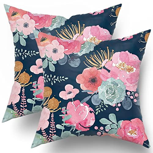 Watercolor Flower Throw Pillow Cover 18X18 Inch Pink Peony Floral with Green Leaf Decorative Pillow Cases Summer Navy Blue Cushion Cover for Home Bedroom Outdoor Garden Decor