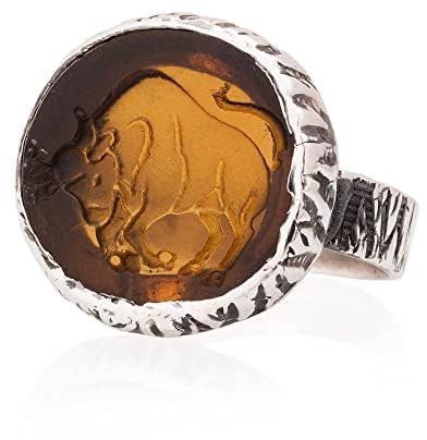 Stier-Glasring, Intaglio-Stier-Glasring, antiker römischer Glasring. Siegelring aus Silber. Römischer Intaglio-Silberring. Römischer Glas-Silberring.