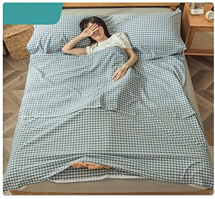 RUZGAR Hüttenschlafsack Ultra-Leichter Reise-Schlafsack aus 100% Baumwolle Kariert Gestreift mit Kissen-Fach Erwachsene Kinder Travel-Sheet Innenschlafsack (Color : Blue, Size : 200x210cm-78x82)