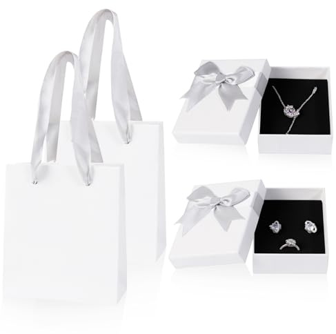 2 Pack Jewellery Gift Boxes and 2Pcs Gift Bags, Small Gift Box with Gift Bags, 9x 7x 3cm Jewellery Earring Necklace Bracelet Gift Box with Bow-Knot and Lid(Grey Ribbon)