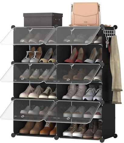 HOOBRO Schuhregal mit 6 Fächern, Schuhschrank, für 24 Paar Schuhe, 40 x 30 x 30 cm pro Fach, schmal, mit Türen, Kunststoff, für Wohnzimmer, Schlafzimmer, Flur, Eingang, Schwarz EBK26SC01G1