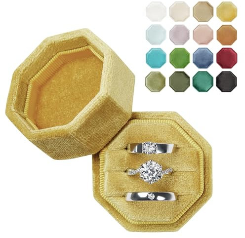 Vacfulliven Samt-Ehering-Box mit 3 Fächern, Valentinstags-Ringbox, Vintage-Stil, Schmuck-Ring-Aufbewahrungsbox, Antragsring-Etui (gelber Senf)