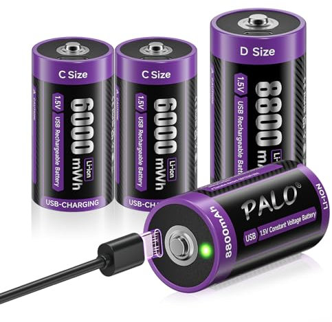 Mspalocell Confezione da 4 batterie litio USB-C da 1,5 V D 8800mAh mono LR20 e batterie C 6000mWh LR14, batteria tipo C a carica rapida con cavo ricarica leggero, bassa autoscarica, 1500+ cicli