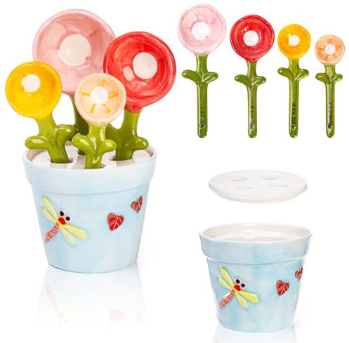 Coloch 5Pcs Ceramic Measuring Spoons and Cup, Flower Baking Scale Spoons with Base Set for Dry and Liquid Ingredient, 1/4 tsp, 1/2 tsp, 1 tsp, 1 Tbsp
