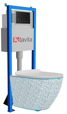Lavita LAV 101 Vorwandelement für WC 40cm + Wand Hänge Tiefspül WC SOFI SLIM KRESZ Weiß/Blau Spülrandlos + Bedienplatte LAV 200.3.4 Schwarz | Komplettset | Unterputz Spülkasten | Komplett Sett