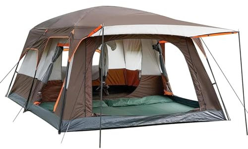 Extra großes wasserdichtes Campingzelt 10-12 Person(b), Familienhüttenzelte, 2 Schlafzimmer, gerade Wand, 3 Türen und 3 Fenster mit Netz