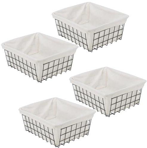 DAKFOOK 4 cestas de alambre negro con forro, organizador pequeño de alambre de metal, cesta de almacenamiento de alambre apilable para baño, oficina, despensa, congelador, armario, estante