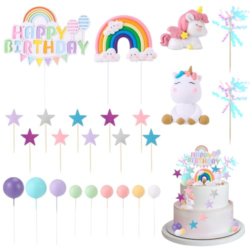 Yamitora 25 Stück Einhorn Tortendeko Geburtstag Kuchen Topper Regenbogen | 3D Einhorn Cake Topper,Happy Birthday Kuchen Deko,Sterne ball Kuchen Deko,für Kinder,Mädchen & Jungen Geburtstag