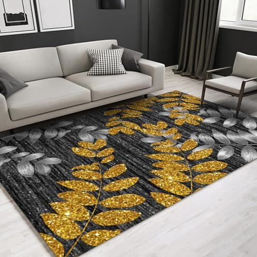 Teppich küche Teppich,Waschbarer Anti-Rutsch-Teppich Grau Schwarz Gelb Blattmuster Design,Home Decoration Living Room Teppich Flur 120x160cm