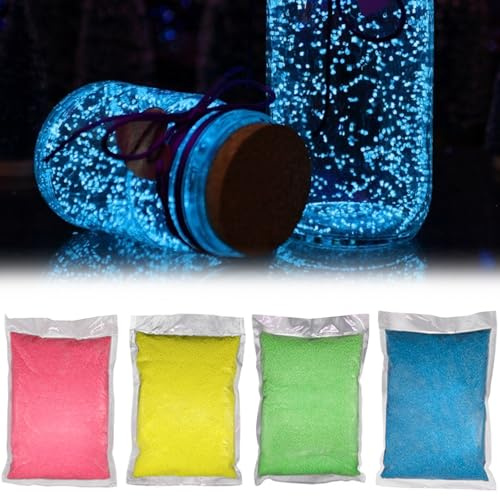 Glow in the Dark Sand, 4 Bags 10g/Bag Reusable Luminous Sand Aquarium Sand DIY Glow in the Dark Rocks Wishing Bottle Decorative Gravel for Home and Fairy Garden Decoration, Glow in the Dark Sand