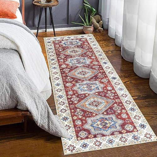 Generisch Boho Teppich Läufer Schlafzimmer 80x200 cm Waschbarer Flur Vintage Kurzflor Carpet Bettvorleger Teppich rutschfest Indoor Küchenläufer Teppich Für Balkon Flur
