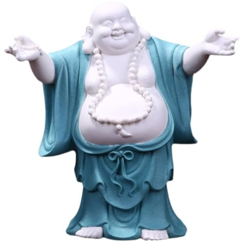 Habrur Buddha Figuren Deko Wohnzimmer 12,6 Zoll Große Lachende Buddha-Statue Aus Keramik, Niedliche Buddha-Statue, Glückliche Figur, Buddha Für Heimdekoration Buddha Figur(Color:Blue)