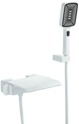 Badewannenarmatur Wasserfall Badewanne Wasserhahn Messing Wandmontage Zwei Griffe Wannenbatterie Badewannen Armatur Mit 3 Funktionen Handbrause Badewanne Mischbatterie Duscharmatur, Weiß