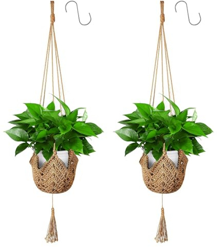 Apstaqeoo 2Pcs Jute Rope Macrame Plant Hangers, Flower Pot Holder with 2 Hanging Hooks, Wall Hanging Indoor Outdoor for Balcony Garden Home Decor (101cm)