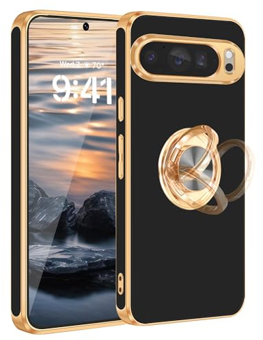 Fingic for Google Pixel 9 Pro XL Case[with 360°Rotatable Ring Holder][Support Magnetic Car Mount]Shiny Plating Gold Slim Thin Soft TPU Shockproof Case for Pixel 9 Pro XL for Women Men,6.8,2024,Black