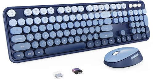 Nowlike Wireless Keyboard and Mouse Combo, Retro Typewriter Keyboard with Round Keycaps, Full-Size Ergonomic, Blue, Ideal for Windows PC, Home, Office, and College, Wireless Keyboard Mouse Combo
