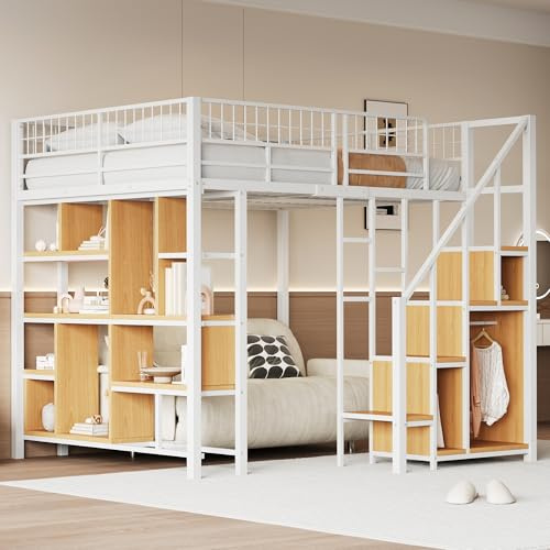 Kinderbett Etagenbett 140x200cm für 2 Kinder, Bett Metallbett Hochbett mit Kleiderschrank&Regalen&Treppe, Familienbett Jugendbett Gastbett mit Rausfallschutz&Metall Lattenrost, Ohne Matratze, Weiß