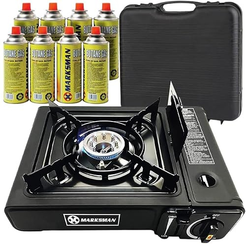 HomeVibe Portable Gas Stove with 8 Butane Gas Canisters – Lightweight Camping Stove, Adjustable Heat Control, Safety Lock, and Carry Case – Ideal for Camping, Outdoor Cooking, and Emergencies