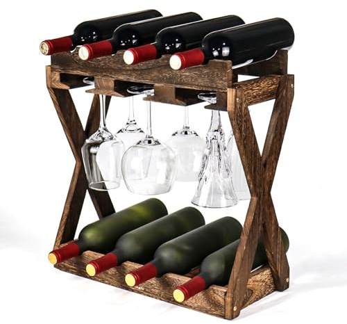 3-IN-1 Countertop Wine Rack with Glass Holder – Store 8 Bottles, 6 Stemware Glasses and Wine Tools | Durable Wooden Wine Bottle Holder | Elegant Home Decor for Kitchen, Dining, and Living Room