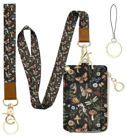 Bolimoss - Pilz-Lanyard für Ausweis-Badge, schöner Damen-Lanyard mit Portemonnaie, Ausweis-Badge-Halter mit Kragen und Armband-Lanyard, Leder-Portemonnaie