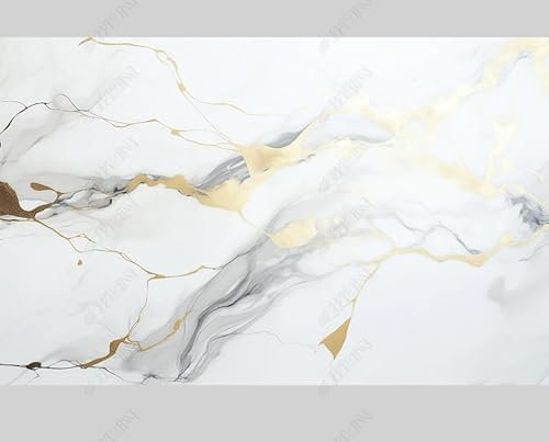 MZOwallpaper Papier Peint Intissé Marbrage À L’Or Blanc Poster Tableaux Muraux Tapisserie Photo Trompe L'Oeil Salon Chambre Art Mural 350Cm(L) X256Cm(H)