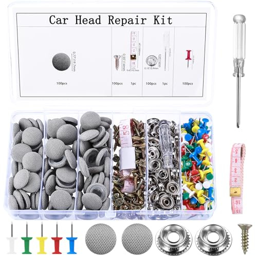 100 Pz Kit Riparazione Cielo Auto, Puntine per Cielo Auto, Bottoni Vite Rivetti Pulsante per Riparazione Tetto Interno Automobile Tessuto Cielo Autos, con Perni/Cacciavite/Metro a Nastro ecc(Grigio)