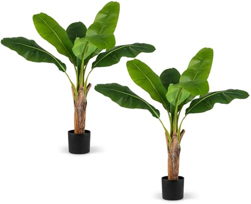 COSTWAY Juego de 2 Árboles Artificiales, 107 cm Plantas Artificiales Decorativos Ave del Paraíso con Hojas de Plátano y Ramas Ajustables con Maceta, Platanero Falsa de Interior para Salón Oficina