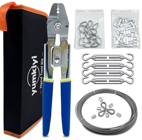 Yumkiyi Wire Rope Crimper Kit with 99ft Vinyl Coated Cable 7x7 Strand Core,4PCS Tensioners and Other Accessories,Aluminum Sleeve Crimper for Outdoor Tents,Railings,Rlotheslines.