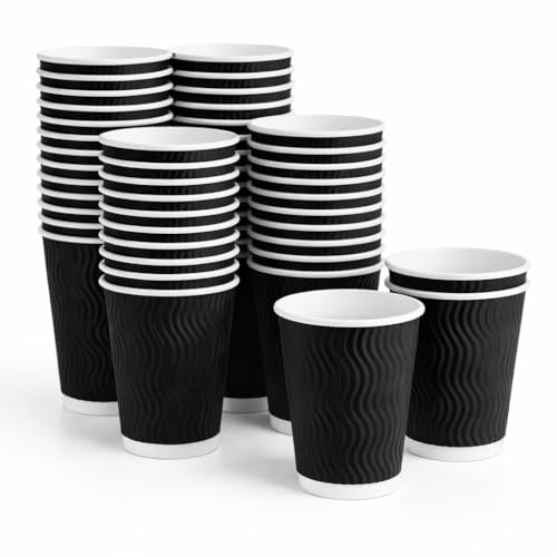1ABOVE Lot de 50 tasses à café jetables en papier isotherme, 237 ml, motif ondulé, triple épaisseur, noir