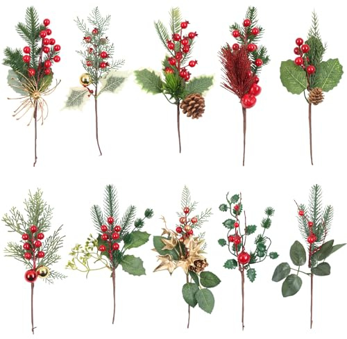 STEEIRO 10 Stück Tannenzweige Künstlich Kiefernblätter Roten Beeren Tannenzapfen Set Künstliche Tannenzweige Gefälschte Kiefernzweige DIY Zubehör für Girlandenkranz Weihnachten Deko (10 pcs)
