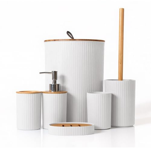 Bathroom 6-Piece Set, Bamboo Lid Trash Can/Toilet Brush/Soap Dispenser/Toothbrush Holder/Cup/Soap Box Modern and Simple Bathroom Combination (Round, Gray)