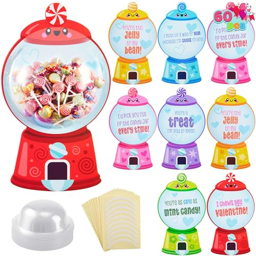JOYIN 60 Pcs Valentine’s Day Candy Dispenser Cards with Craft Treat Holders, 6.5'' Valentine Card with 6 Gumball Machine Designs for Kids DIY Classroom Exchange Gifts School Rewards Party Supplies.