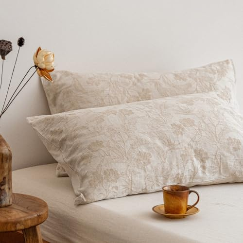 SOULFUL Leinen Kissenbezug 40x80 Baumwolle 2 Teilig, Gardenfloral | Jacquard Boho Textur Kissenbezüge 2 Teilig mit Reißverschluss, ÖkoTex Zertifiziert