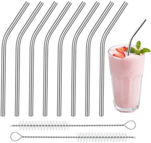 LIQWEI Lot de 8 pailles courtes courbées en acier inoxydable avec 2 brosses de nettoyage - 15,2 cm - Réutilisables - Pour tasses à café, petits verres et tasses