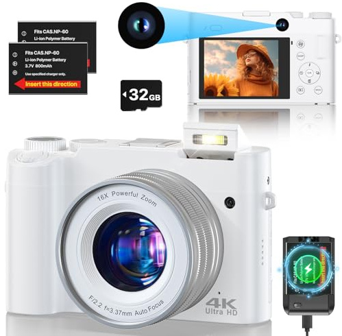 Appareil Photo numérique 4K 64MP Autofocus Vlogging pour Youtube avec Carte SD, Double caméras Avant et arrière avec Zoom numérique 16x Anti-secousse, 2 Piles pour Adolescents, débutants, Adultes