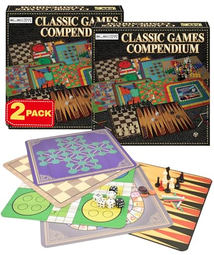 Classic Games Compendium Board Game Set with Rules Multi Coloured Chess Checkers Backgammon Snakes and Ladders Family Tabletop Fun for All Ages Indoor Entertainment 2 Pack