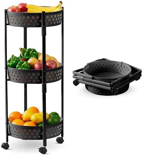 JUPPLIES Carrito Auxiliar con Ruedas para Cocina Plegable y Compacto (83x34,5cm) – Mueble Organizador Metálico de 3 Niveles con Cestas de Gran Capacidad, Montaje sin Herramientas
