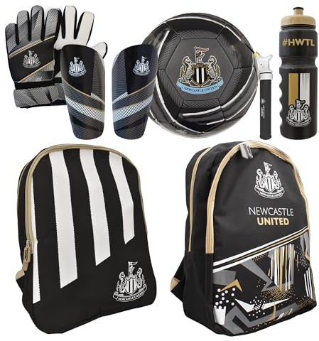 Hy-Pro Newcastle United - Juego de fútbol con licencia oficial - Pelota tamaño 5 con bomba, mochila, saco de gimnasio, guantes de portero, espinilleras y botella de 750 ml, regalos completos de fútbol