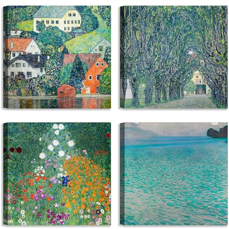 LuxHomeDecor Set di 4 quadri 30x30 cm – stampa su tela con telaio in legno stile paesaggistico floreale – Gustav Klimt