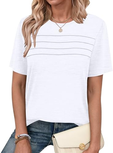 PLMOKEN Womens Summer Tops Short Sleeve Pleated Front Ladies T Shirts Round Neck Casual Blouses for Women UK Tunic Tops White 2XL
