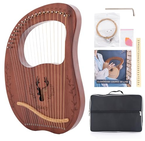 Mulucky Arpa de lira, kit de arpa de lira de caoba de 19 cuerdas, instrumentos musicales de cuerda con bolsa de llave de afinación, cuerdas adicionales para principiantes y adultos