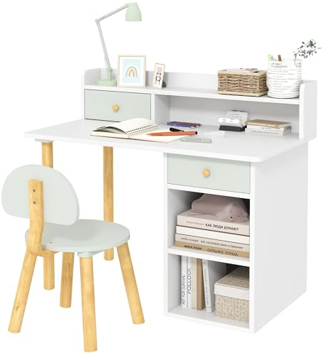 AIYAPLAY Bureau Enfant avec Chaise 2 Tiroirs Large Plateau 85x48x73cm Vert