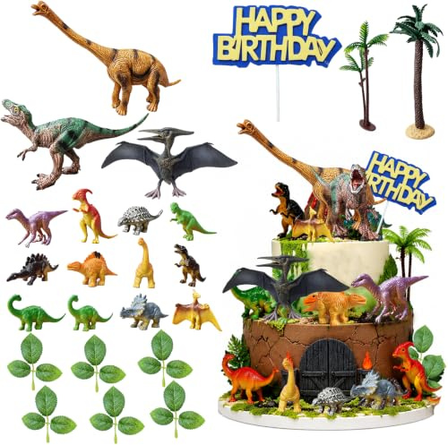 LIULINY 26 stycken dinosaurietårtdekoration, dinosaurietårtdekoration | Djungeldekoration dinosaurie, tårtdekorationer för barn, bebis, festdekoration