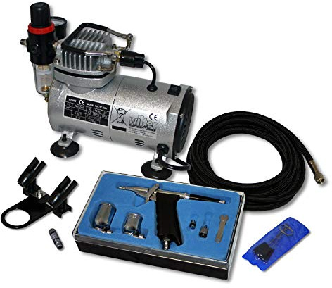 Wiltec Einsteiger Airbrush Kompressor Set AS18-2 mit 1 Airbrushpistole Typ 116 und umfangreichem Zubehör, Drucktank, für Modellbau, Tattoos, Nailart