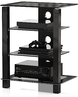 FITUEYES 4-Tier AV Media Cabinet Stand Component Cabinet, Gaming TV Stand and Stereo Rack Audio Tower with Height Adjustable Tempered Glass Shelves, AS406003GB